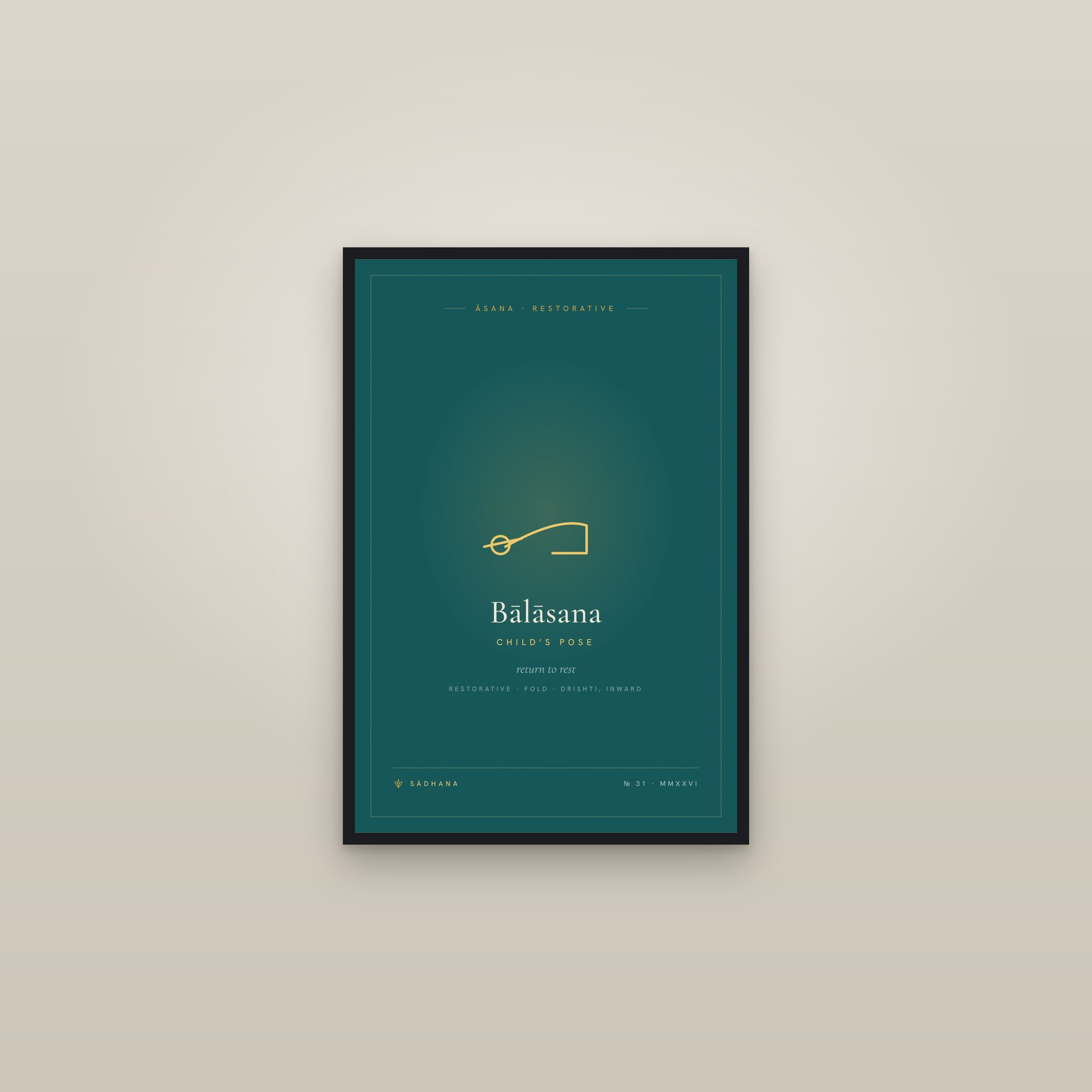 Child’s Pose (Emerald) — Yoga Pose Print · Yoga Wall Art — framed in a gallery setting