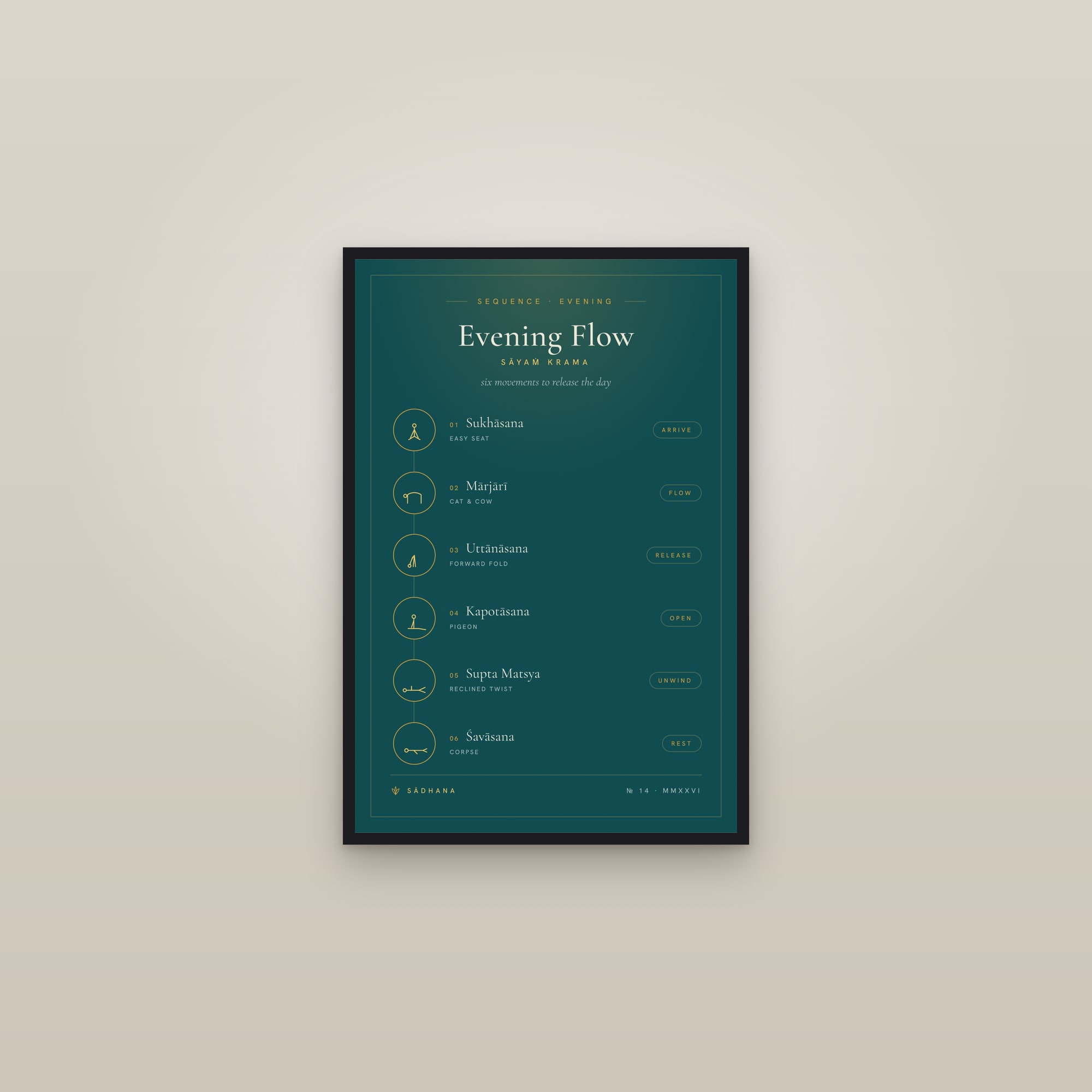 Evening Yoga Flow (Emerald) — Yoga Flow Print · Yoga Wall Art — framed in a gallery setting
