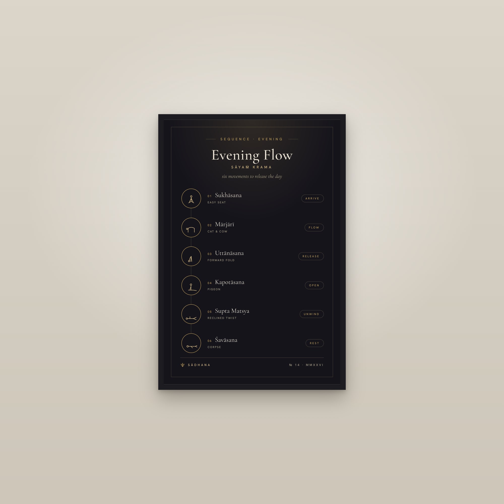 Evening Yoga Flow (Midnight) — Yoga Flow Print · Yoga Wall Art — framed in a gallery setting