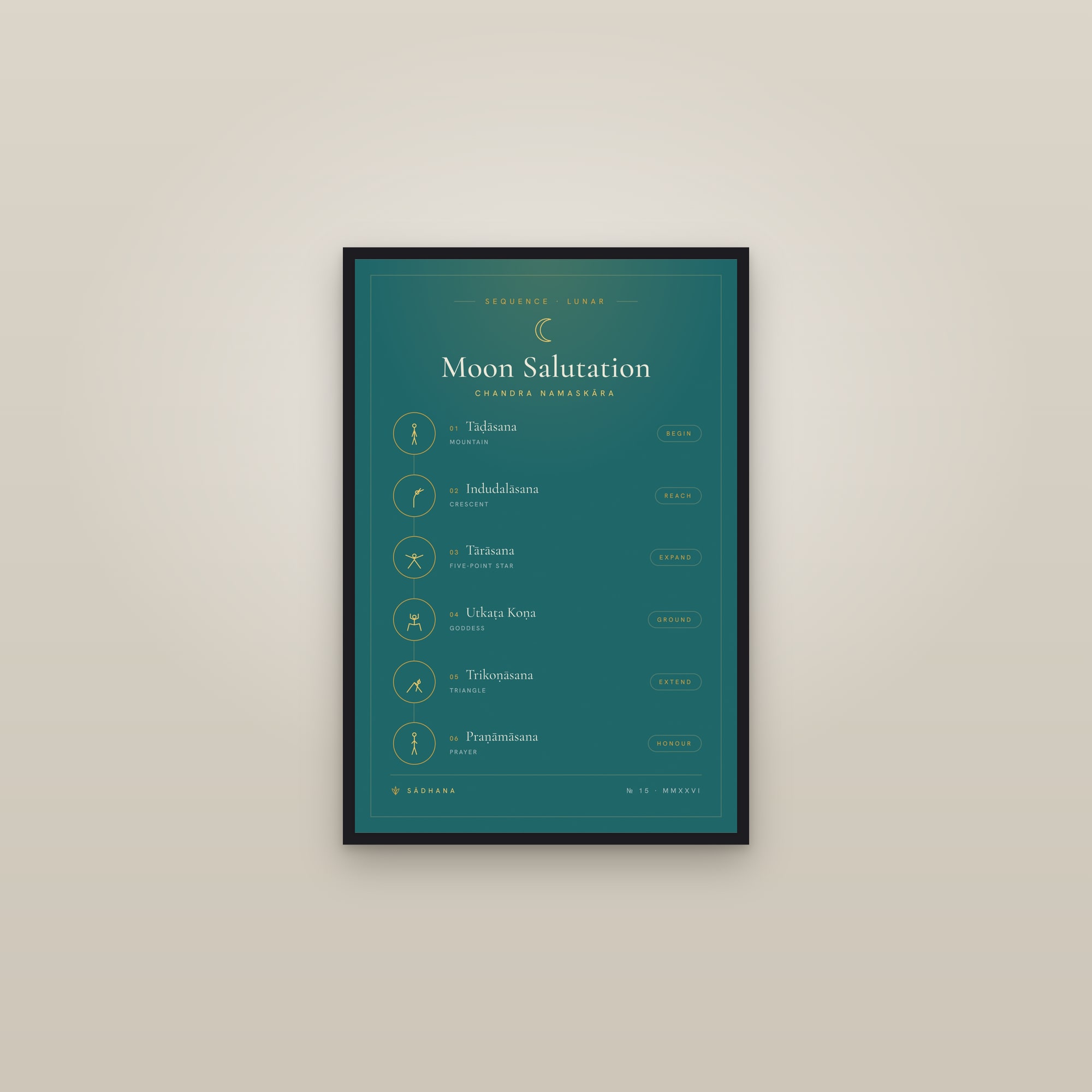 Moon Salutation (Emerald) — Yoga Flow Print · Yoga Wall Art — framed in a gallery setting