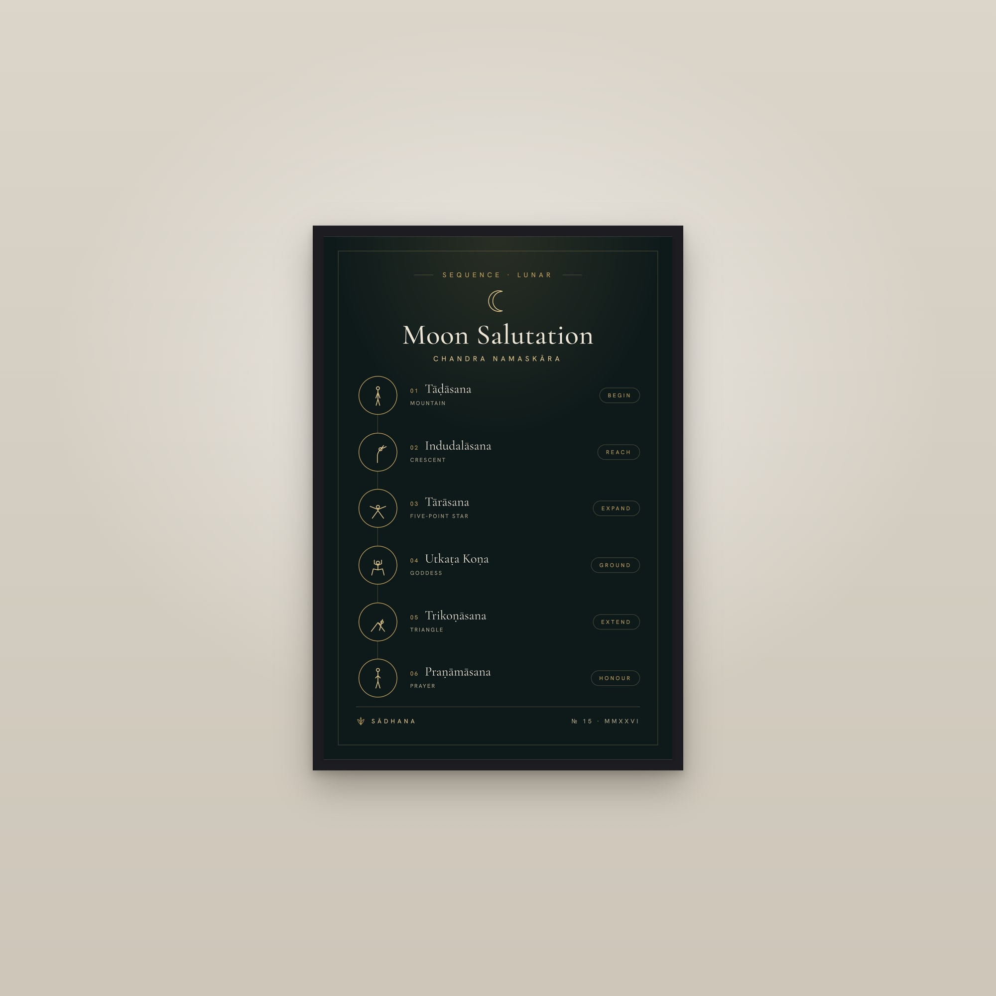 Moon Salutation (Midnight) — Yoga Flow Print · Yoga Wall Art — framed in a gallery setting