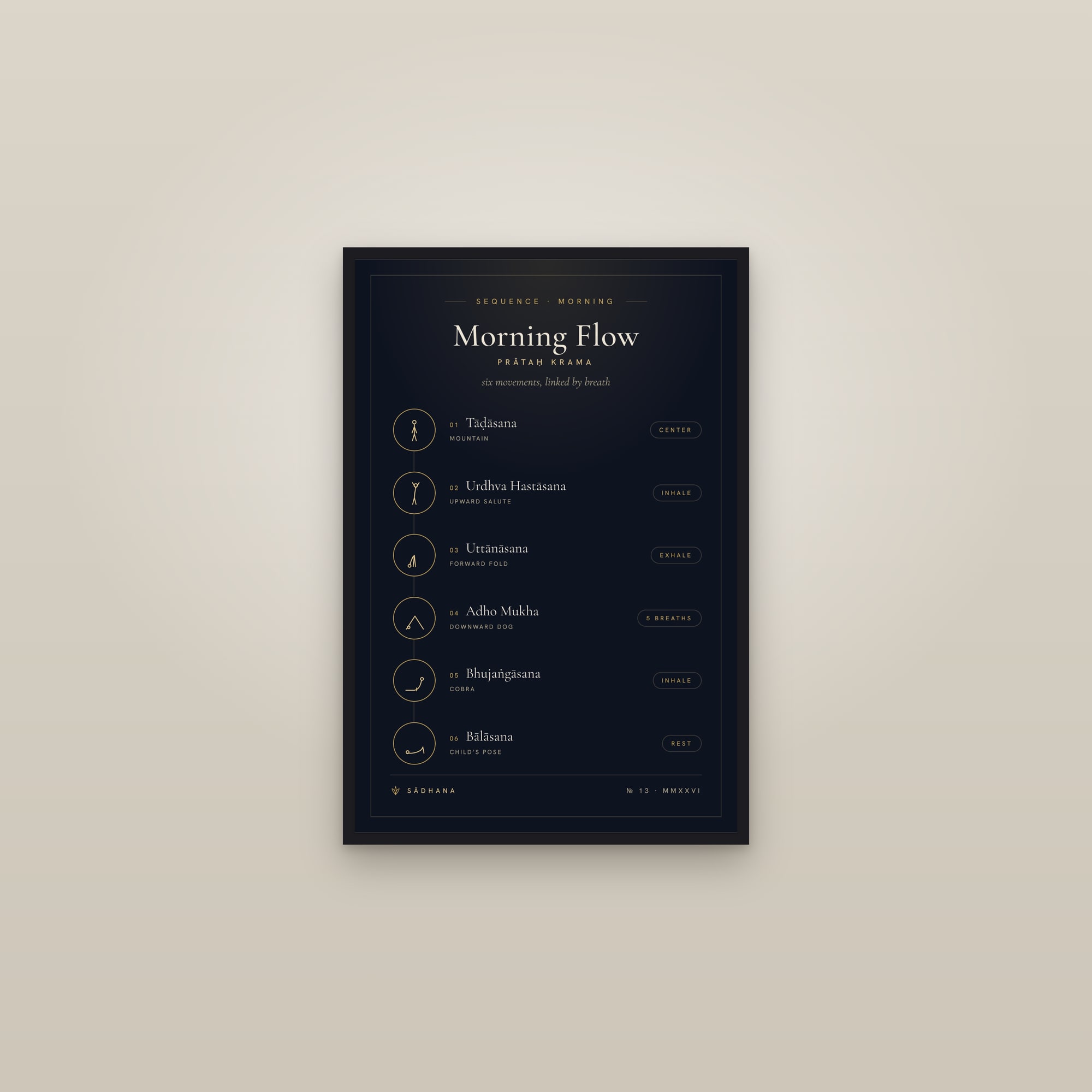 Morning Yoga Flow (Midnight) — Yoga Flow Print · Yoga Wall Art — framed in a gallery setting
