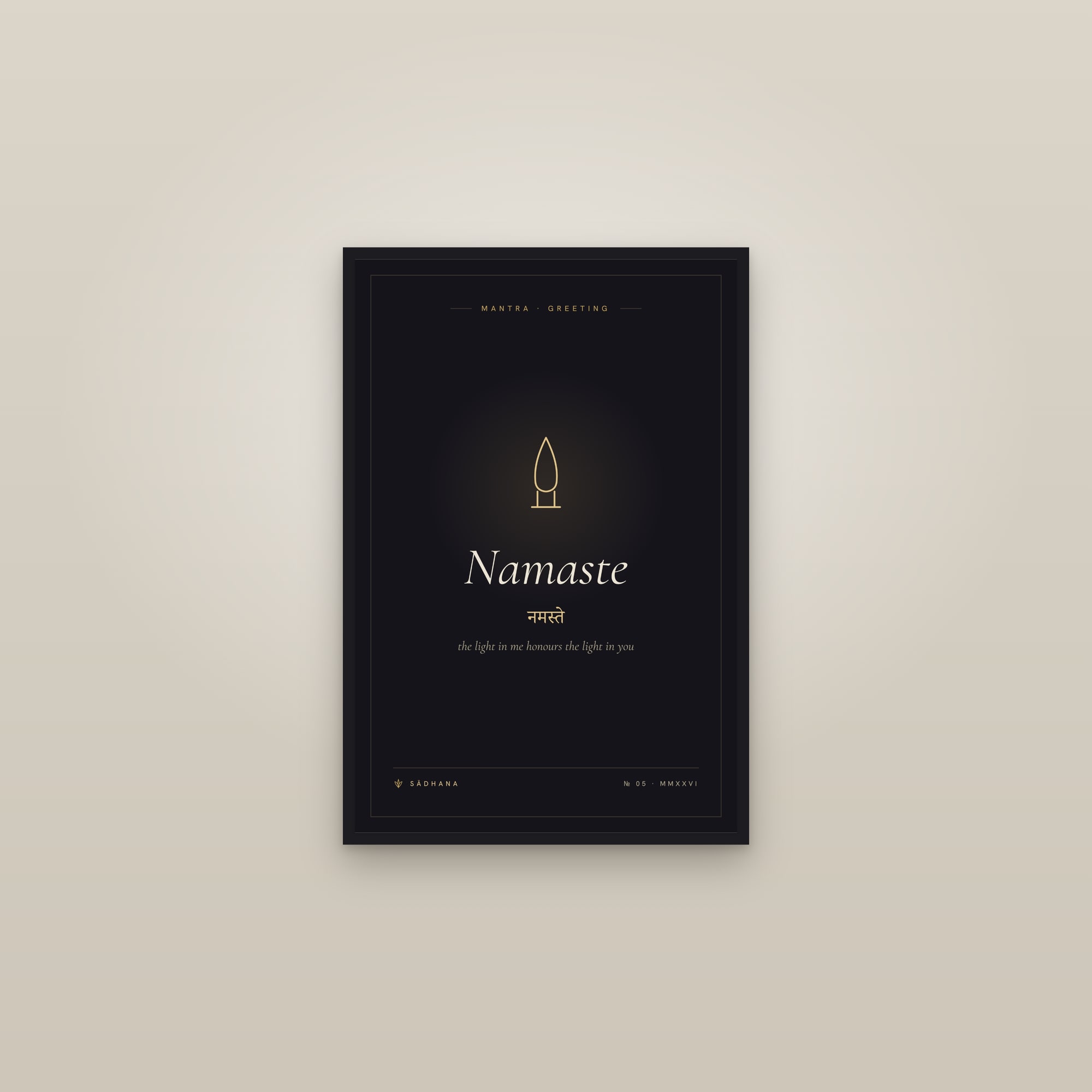 Namaste (Midnight) — Yoga Mantra Print · Meditation Wall Art — framed in a gallery setting
