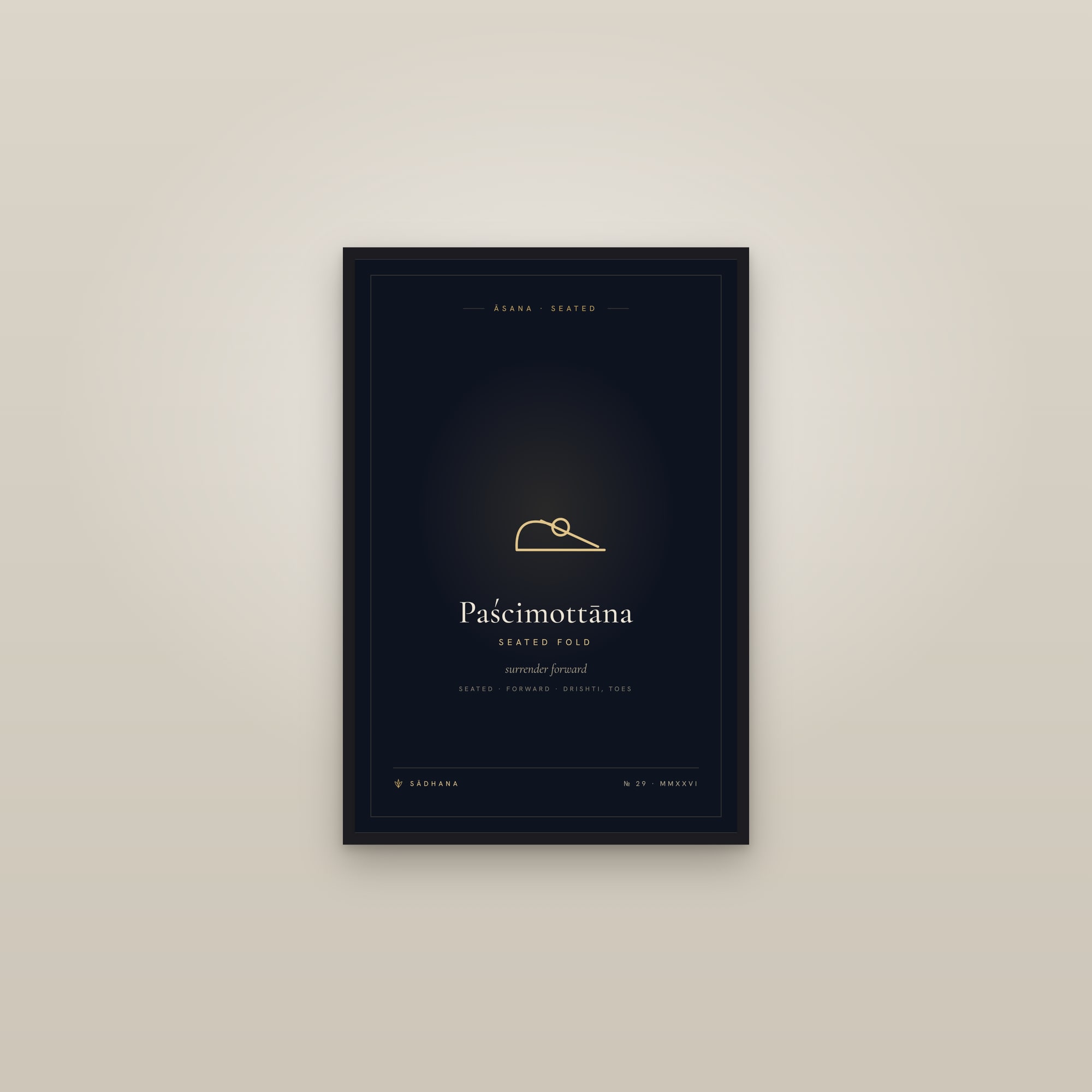 Seated Forward Fold (Midnight) — Yoga Pose Print · Yoga Wall Art — framed in a gallery setting