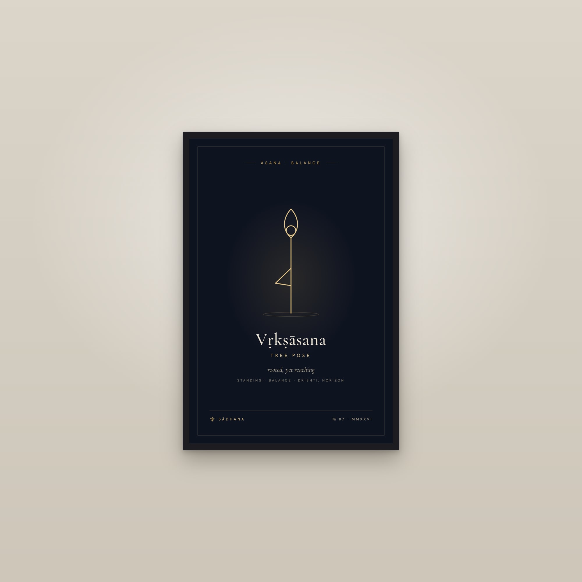 Tree Pose (Midnight) — Yoga Pose Print · Yoga Wall Art — framed in a gallery setting