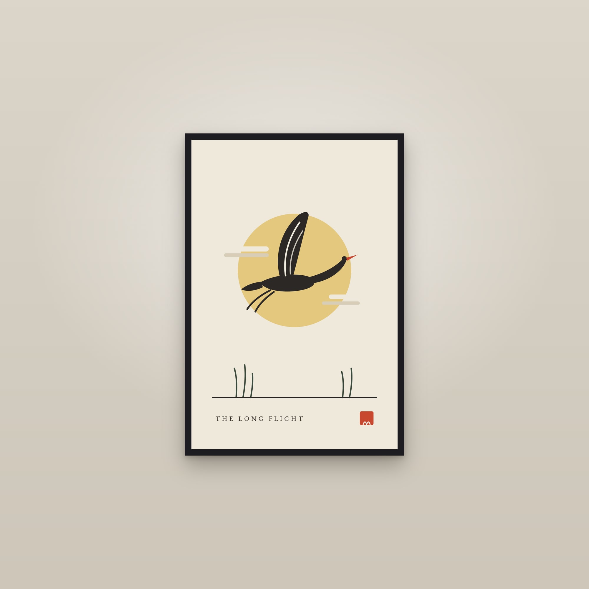 Japanese Crane Print — The Long Flight — framed in a gallery setting
